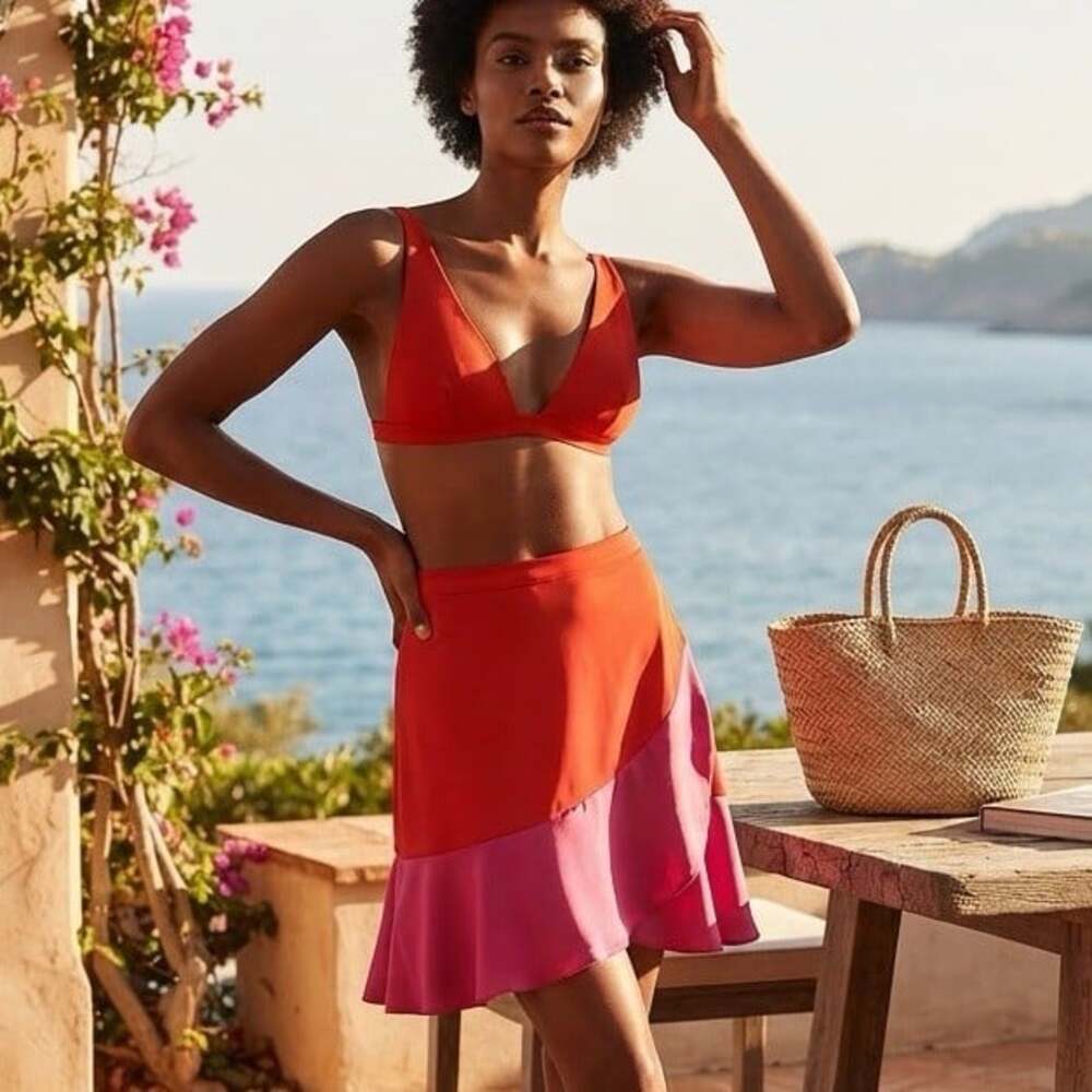 Summersalt Sz Large Beach To Brunch Lava Hibiscus Wrap Swim Mini Skirt